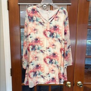 Floral V-Neck Women's silky dress sheer sleeves  New sz M